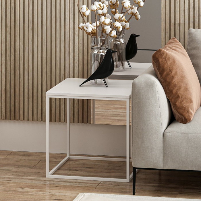 Hanah Home Mesa Auxiliar Basak White, Tablero Partículas Melamina 18mm, Estructura Metálica, Blanco, 52x50x50 cm